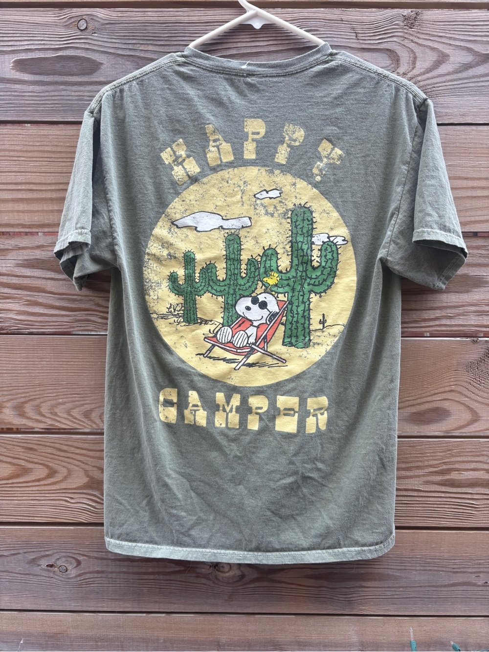 Peanuts Olive Green "Happy Camper" Graphic Tee with Yellow and Green Print